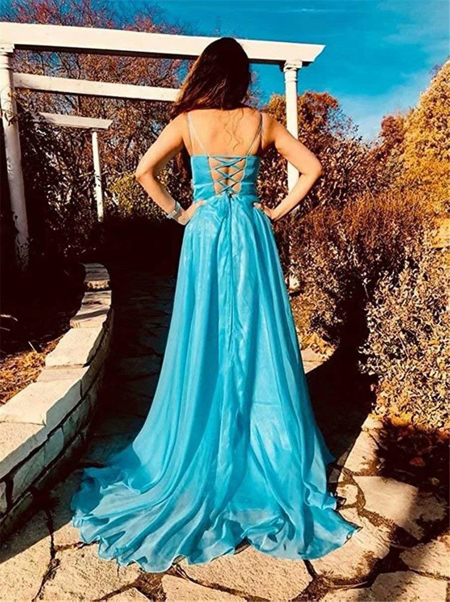 Elegant Square Neck Spaghetti Strap Crisscross Back Chiffon Maxi Evening Dress