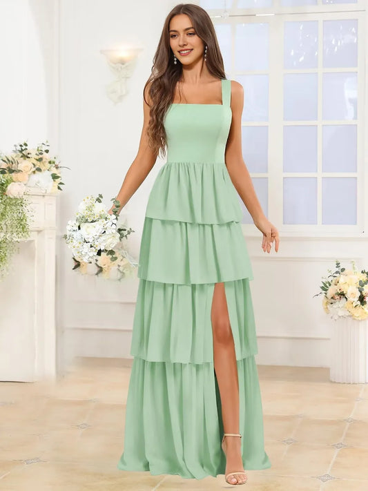 Elegant Square Neck Tiered Ruffle High-Slit Chiffon Maxi Evening Dress with Crisscross Back