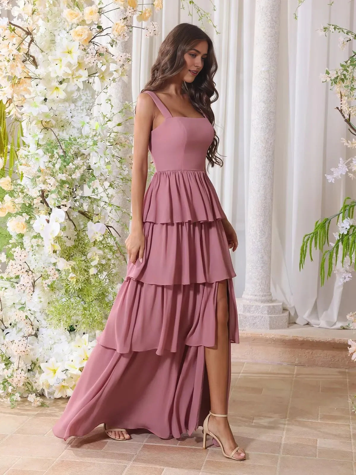 Elegant Square Neck Tiered Ruffle High-Slit Chiffon Maxi Evening Dress with Crisscross Back