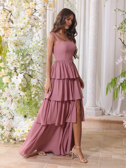 Elegant Square Neck Tiered Ruffle High-Slit Chiffon Maxi Evening Dress with Crisscross Back