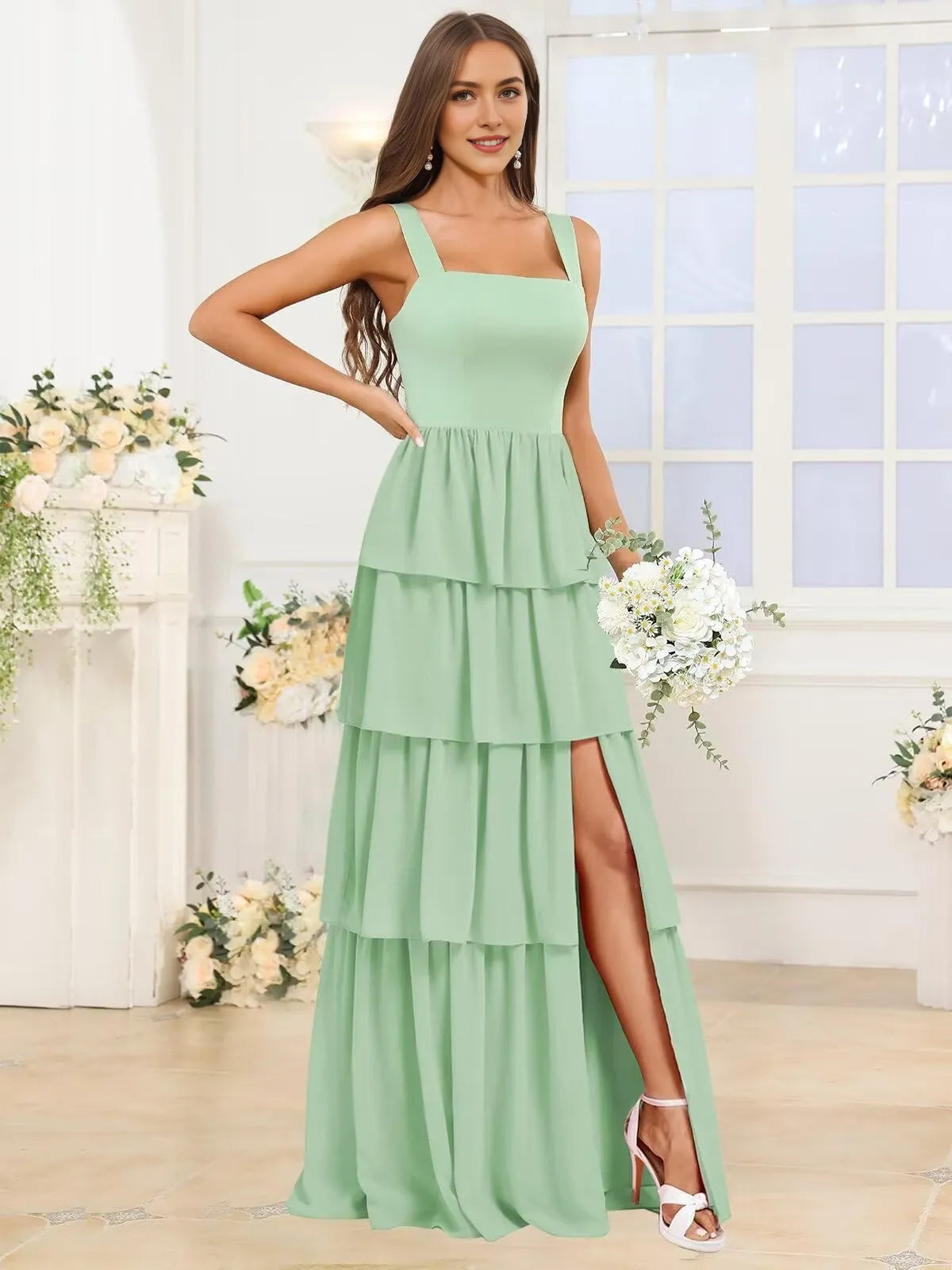 Elegant Square Neck Tiered Ruffle High-Slit Chiffon Maxi Evening Dress with Crisscross Back