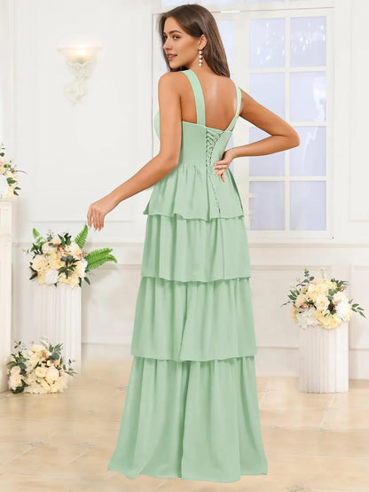 Elegant Square Neck Tiered Ruffle High-Slit Chiffon Maxi Evening Dress with Crisscross Back