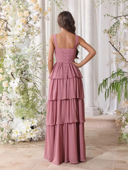 Elegant Square Neck Tiered Ruffle High-Slit Chiffon Maxi Evening Dress with Crisscross Back