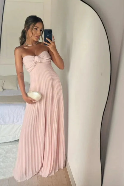 Elegant Strapless Bow Detail Pleated Chiffon Maxi Dress