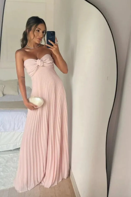 Elegant Strapless Bow Detail Pleated Chiffon Maxi Dress