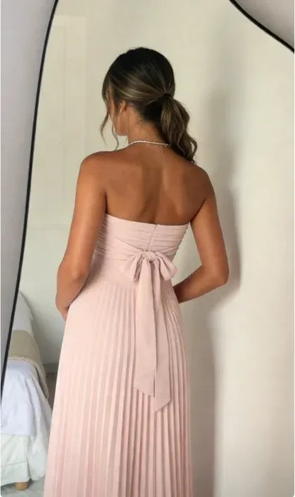 Elegant Strapless Bow Detail Pleated Chiffon Maxi Dress