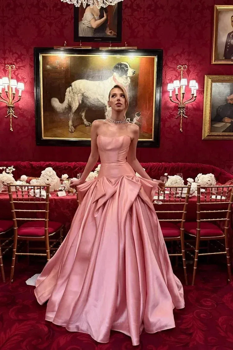 Elegant Strapless Bow Satin A-Line Ball Gown Maxi Dress