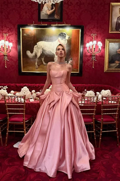 Elegant Strapless Bow Satin A-Line Ball Gown Maxi Dress