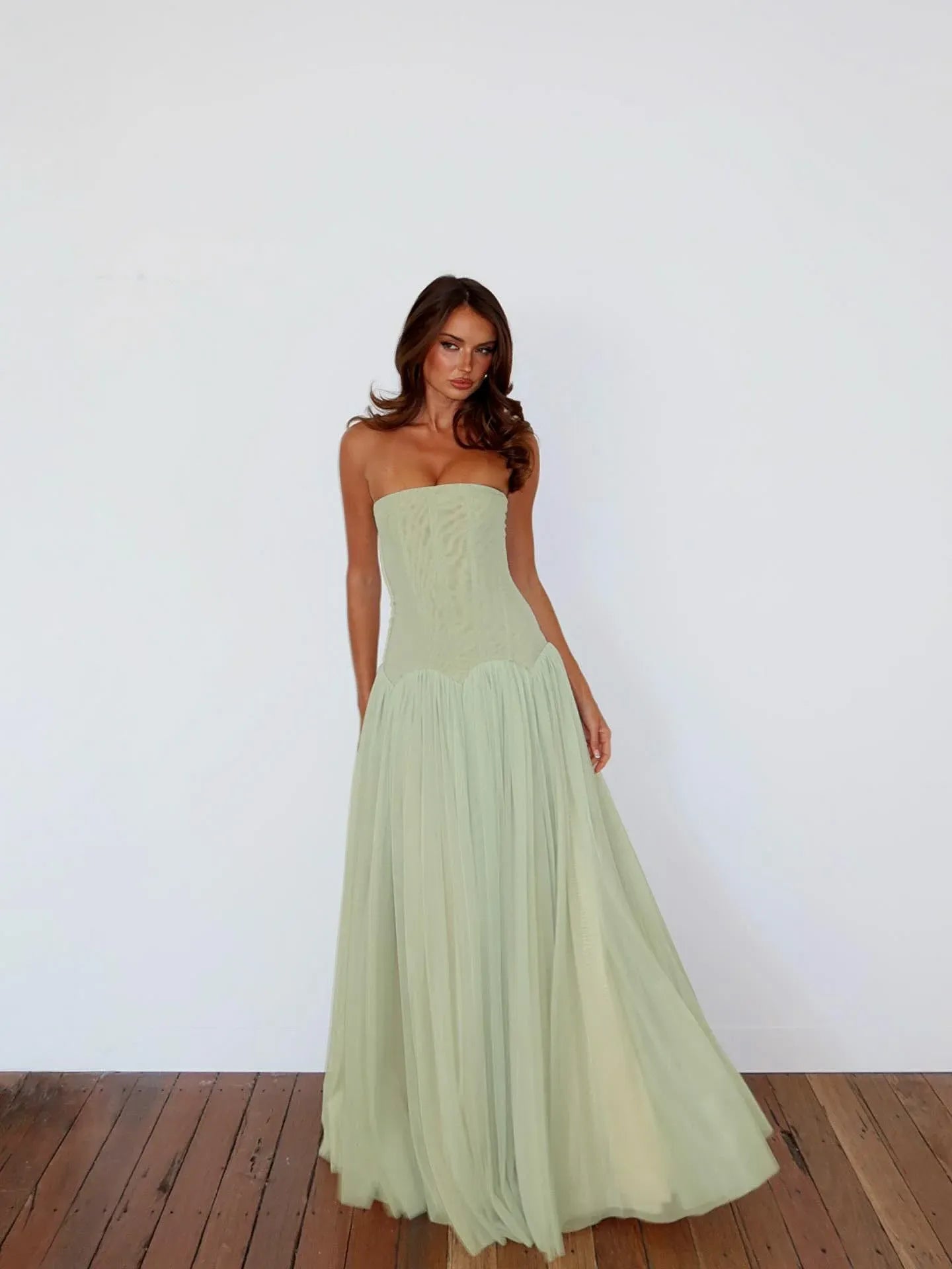 Elegant Strapless Corset Tulle A-Line Maxi Dress