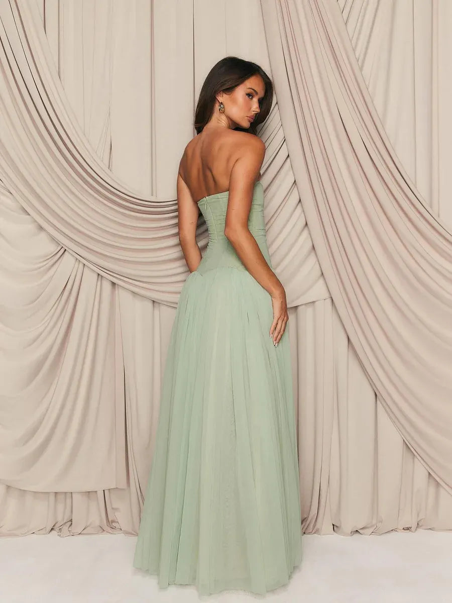 Elegant Strapless Corset Tulle A-Line Maxi Dress