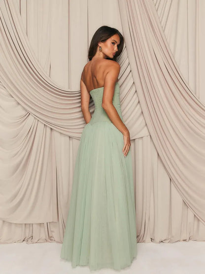 Elegant Strapless Corset Tulle A-Line Maxi Dress