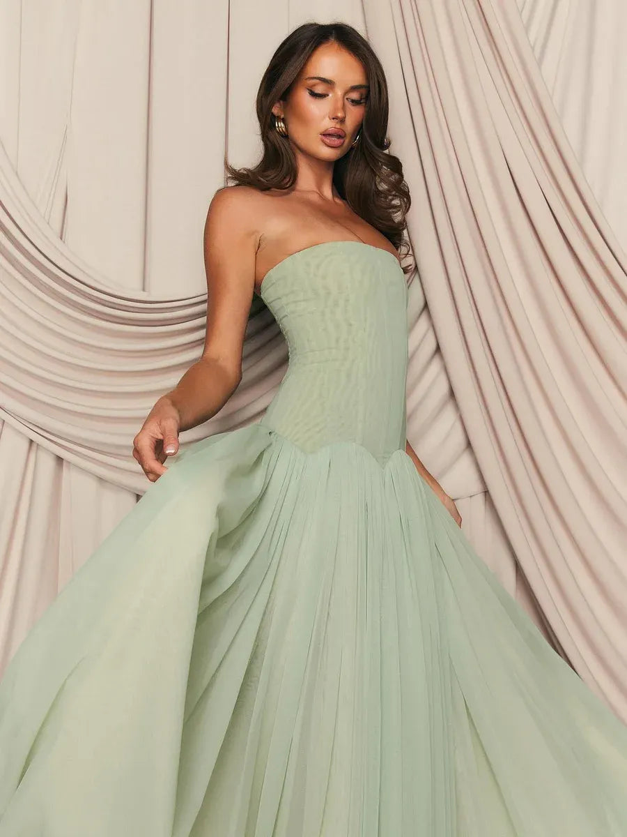 Elegant Strapless Corset Tulle A-Line Maxi Dress