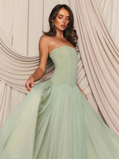 Elegant Strapless Corset Tulle A-Line Maxi Dress