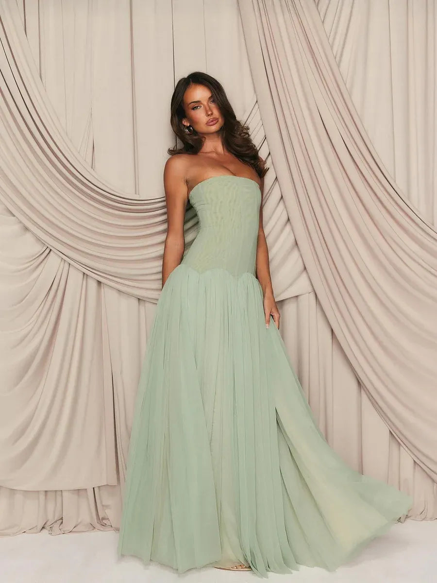 Elegant Strapless Corset Tulle A-Line Maxi Dress