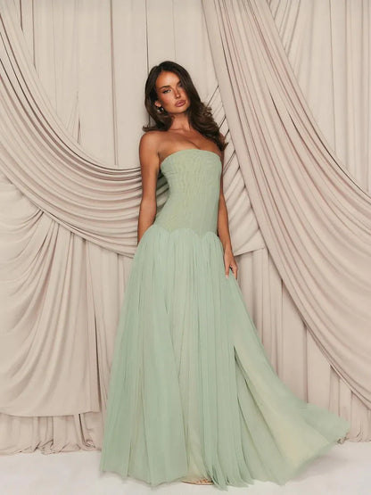 Elegant Strapless Corset Tulle A-Line Maxi Dress