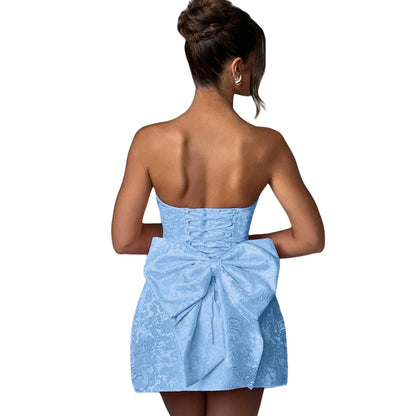 Elegant Strapless Jacquard Bow-Back Lace-Up A-Line Mini Party Dress
