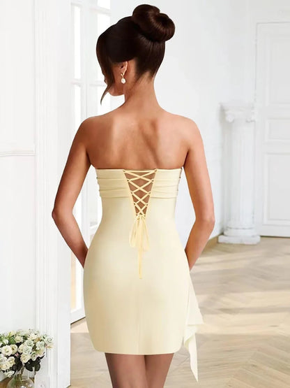 Elegant Strapless Lace-Up Back Sleeveless Ruched Asymmetrical Slit Mini Party Dress
