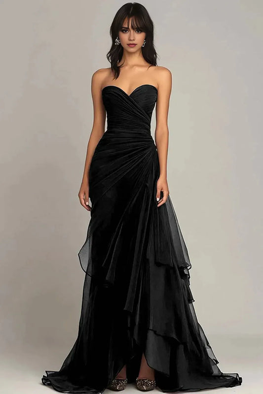 Elegant Strapless Ruched Asymmetric Tiered Floor-Length Evening Dress
