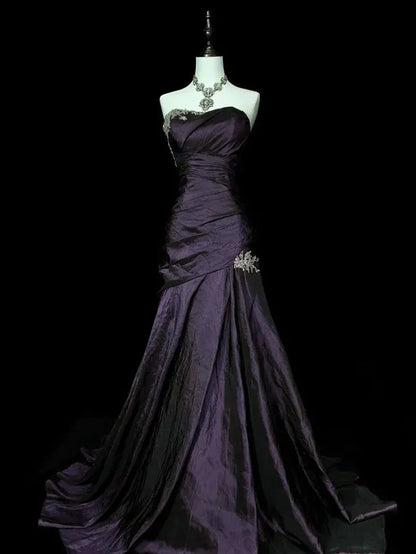 Elegant Strapless Ruched Beaded Satin Mermaid Maxi Dress with Train