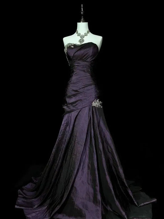 Elegant Strapless Ruched Beaded Satin Mermaid Maxi Dress with Train