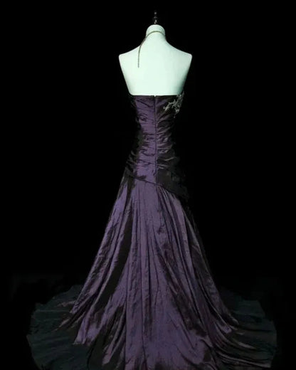 Elegant Strapless Ruched Beaded Satin Mermaid Maxi Dress with Train