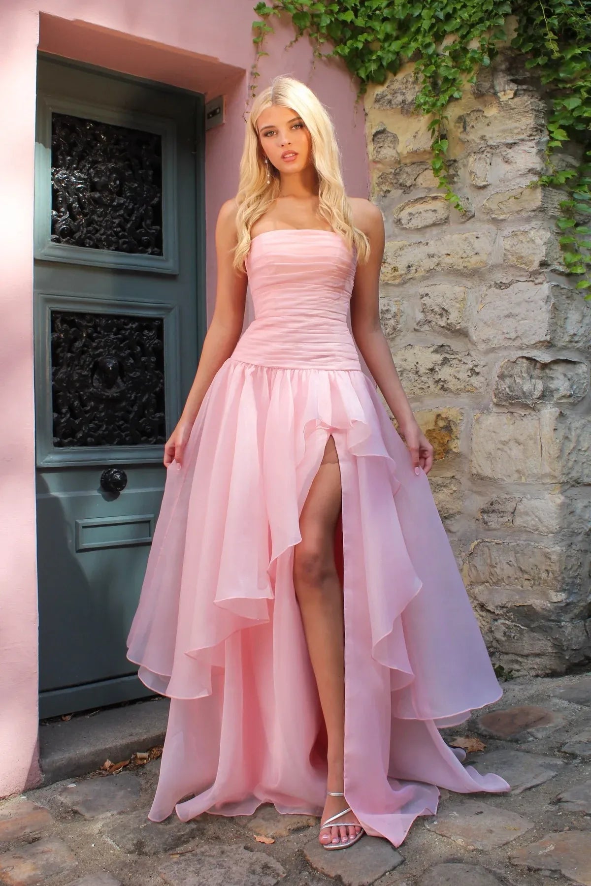 Elegant Strapless Ruched Organza High Low Maxi Dress