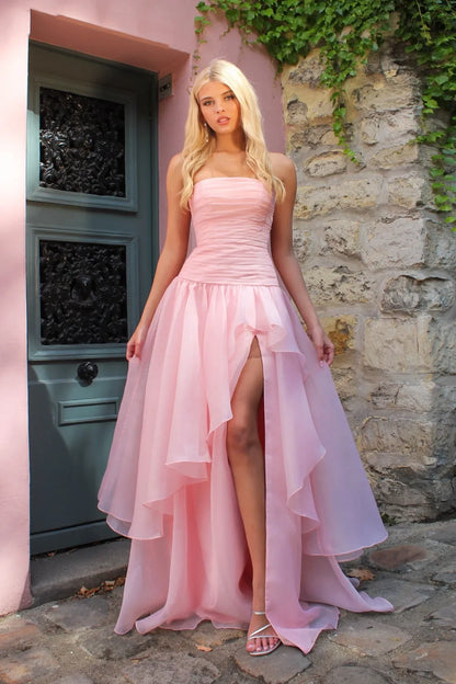 Elegant Strapless Ruched Organza High Low Maxi Dress