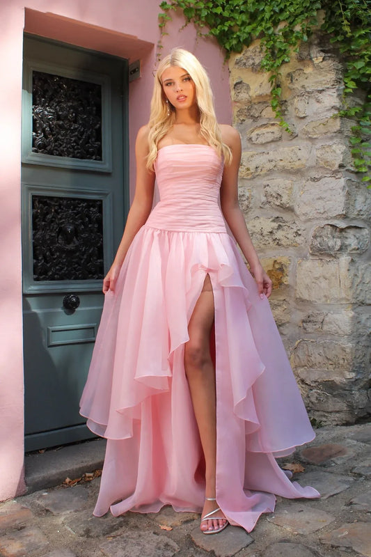 Elegant Strapless Ruched Organza High Low Maxi Dress