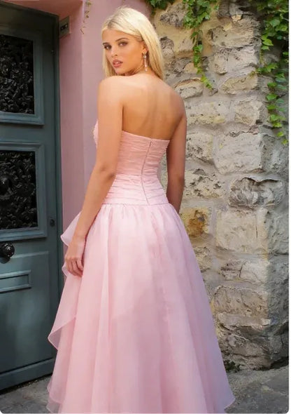 Elegant Strapless Ruched Organza High Low Maxi Dress