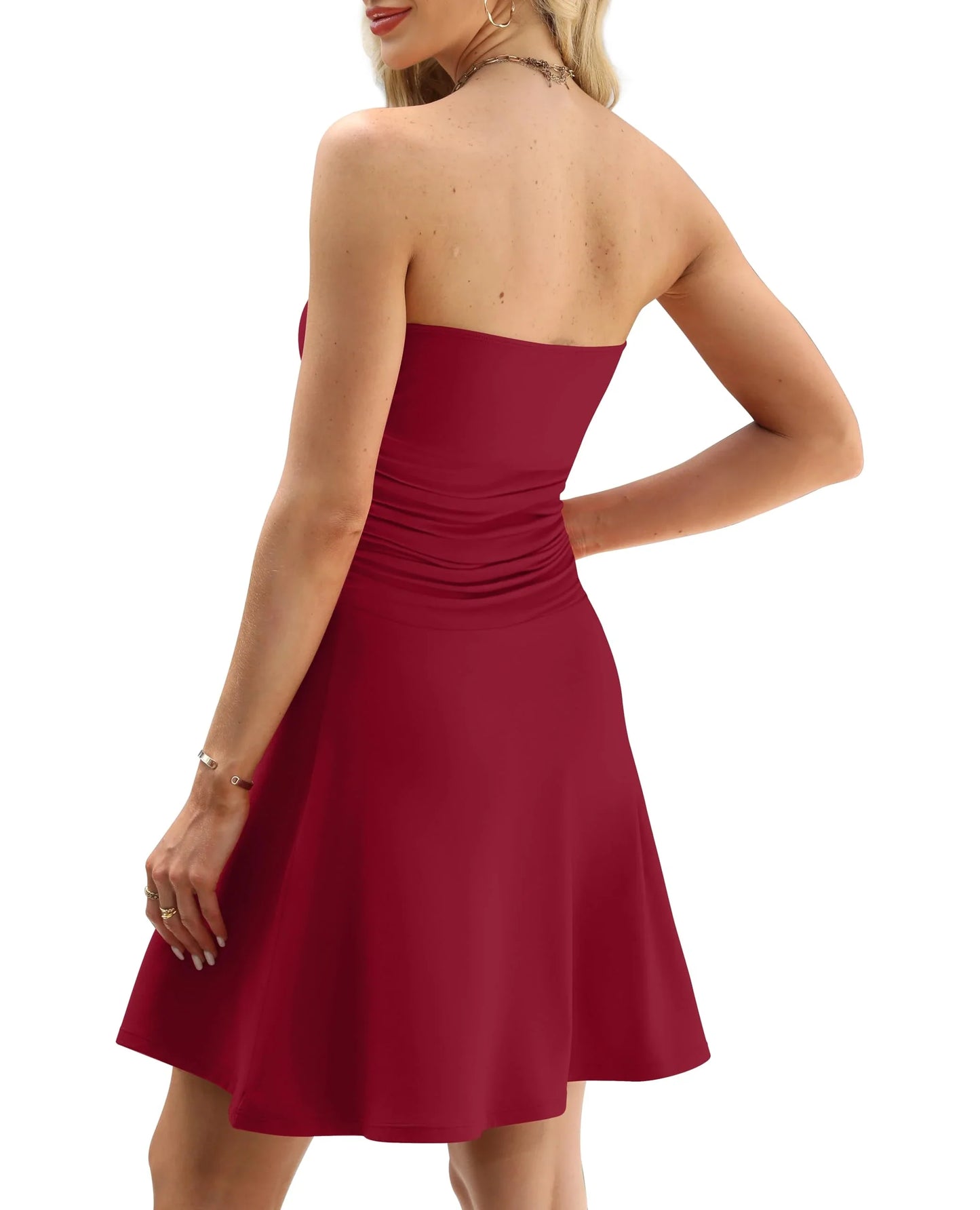 Elegant Strapless Sleeveless Backless Ruched Side A-Line Mini Party Dress
