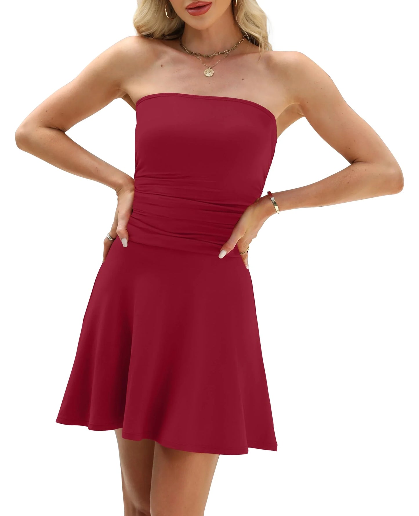Elegant Strapless Sleeveless Backless Ruched Side A-Line Mini Party Dress
