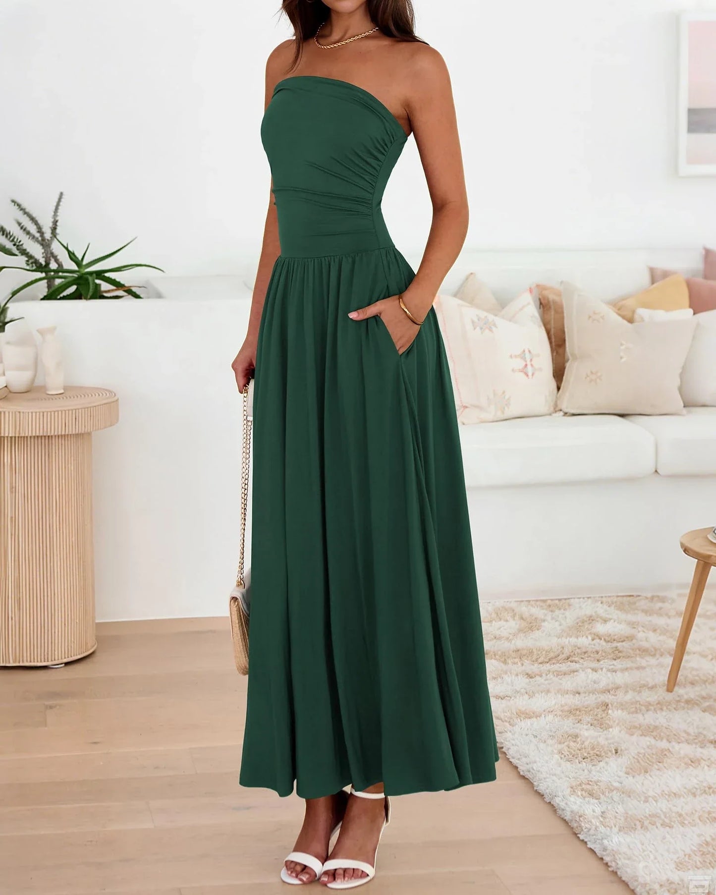 Elegant  Strapless Ruched Waist Flowy Sleeveless Floor-Length Evening Dress