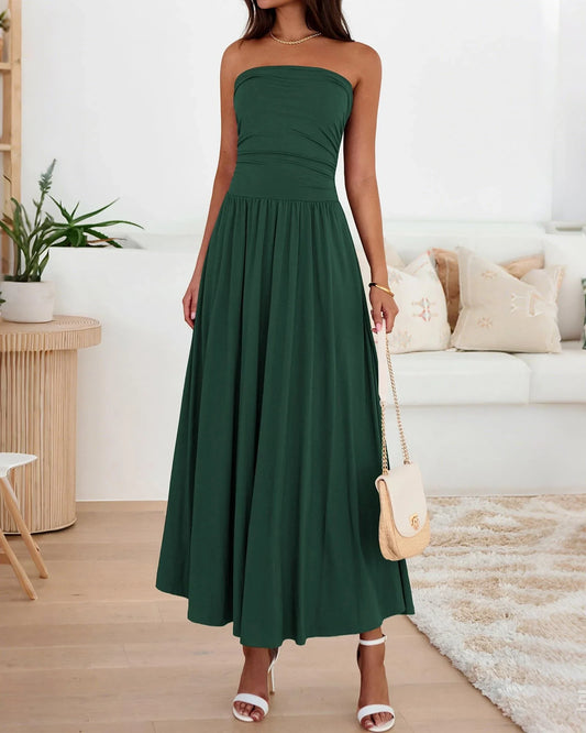 Elegant  Strapless Ruched Waist Flowy Sleeveless Floor-Length Evening Dress