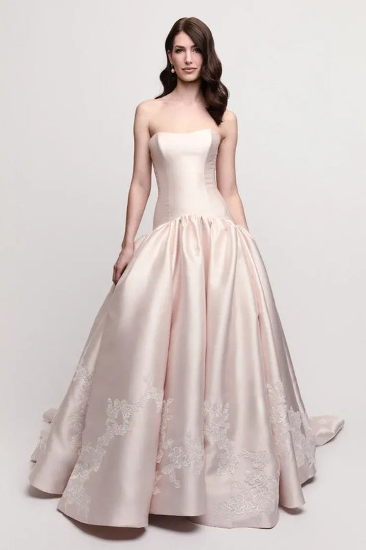 Elegant Strapless Satin Embroidered Drop Waist Ball Gown