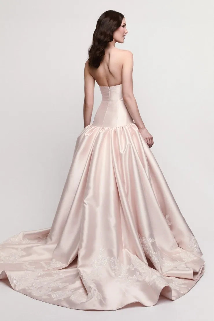 Elegant Strapless Satin Embroidered Drop Waist Ball Gown