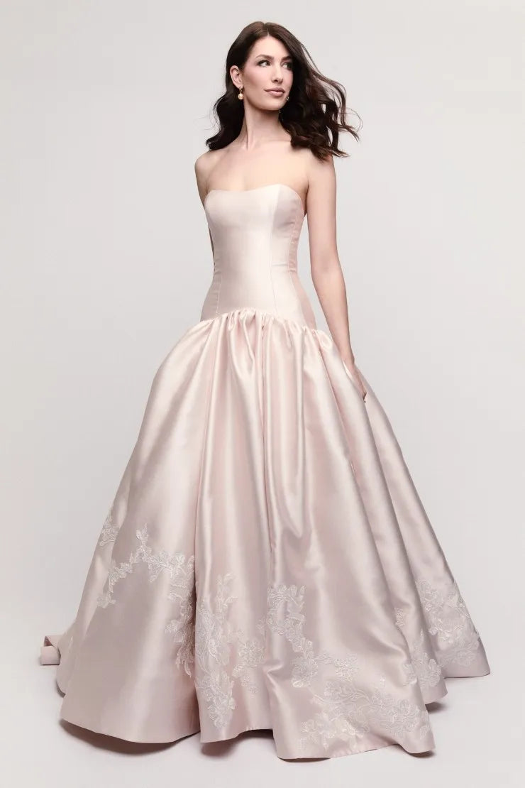 Elegant Strapless Satin Embroidered Drop Waist Ball Gown