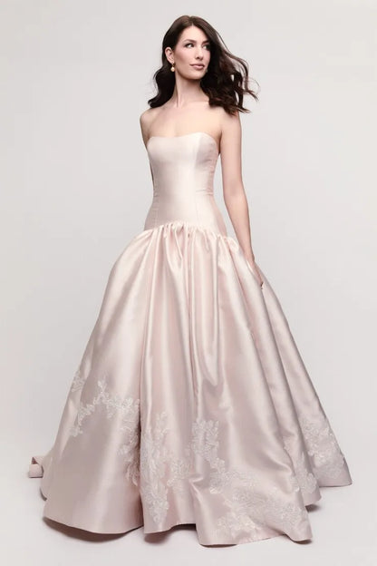 Elegant Strapless Satin Embroidered Drop Waist Ball Gown
