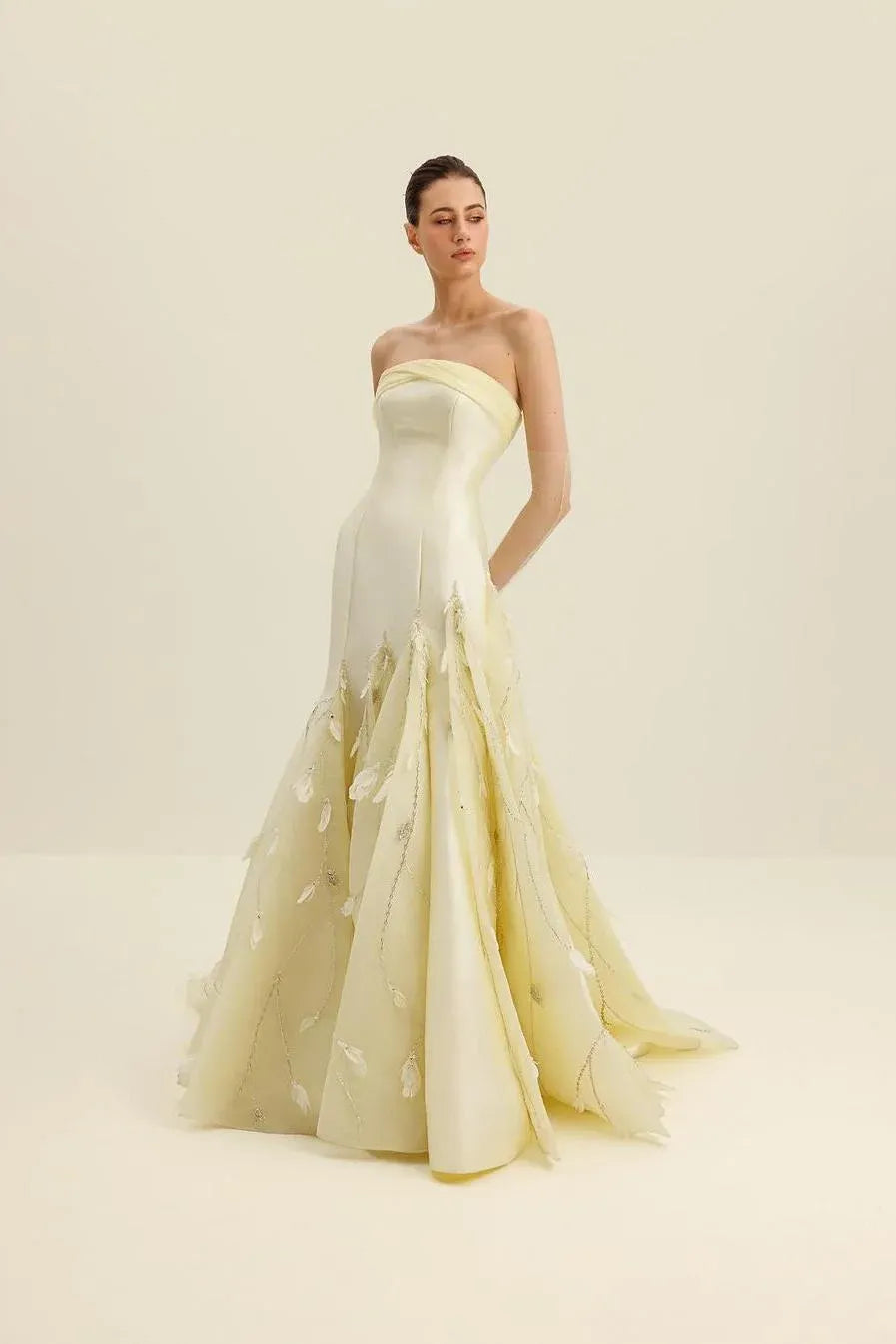 Elegant Strapless Satin Feather Applique Beaded Mermaid Maxi Dress with Train