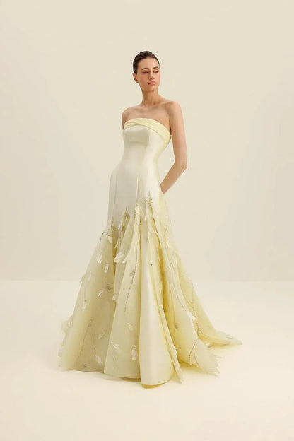 Elegant Strapless Satin Feather Applique Beaded Mermaid Maxi Dress with Train