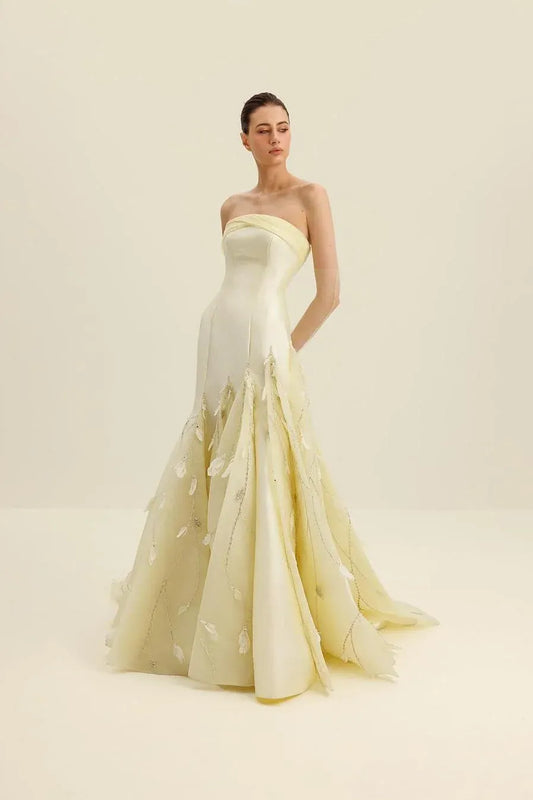 Elegant Strapless Satin Feather Applique Beaded Mermaid Maxi Dress with Train