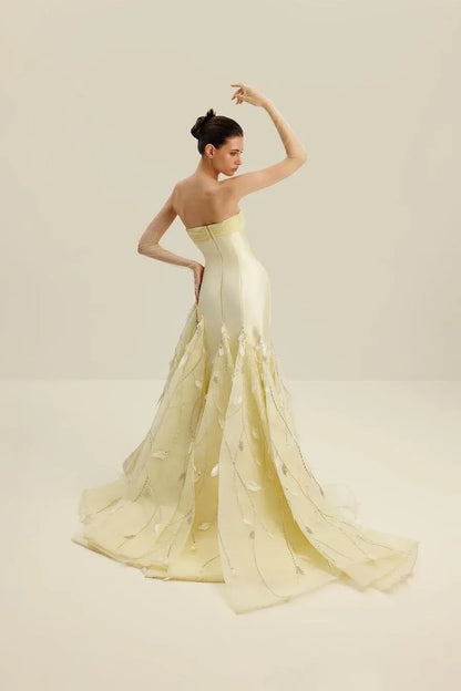 Elegant Strapless Satin Feather Applique Beaded Mermaid Maxi Dress with Train