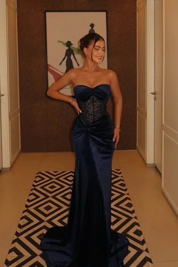 Elegant Strapless Sweetheart Lace Corset Ruched Velvet Mermaid Maxi Dress with Train