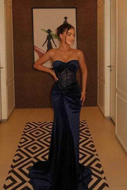 Elegant Strapless Sweetheart Lace Corset Ruched Velvet Mermaid Maxi Dress with Train