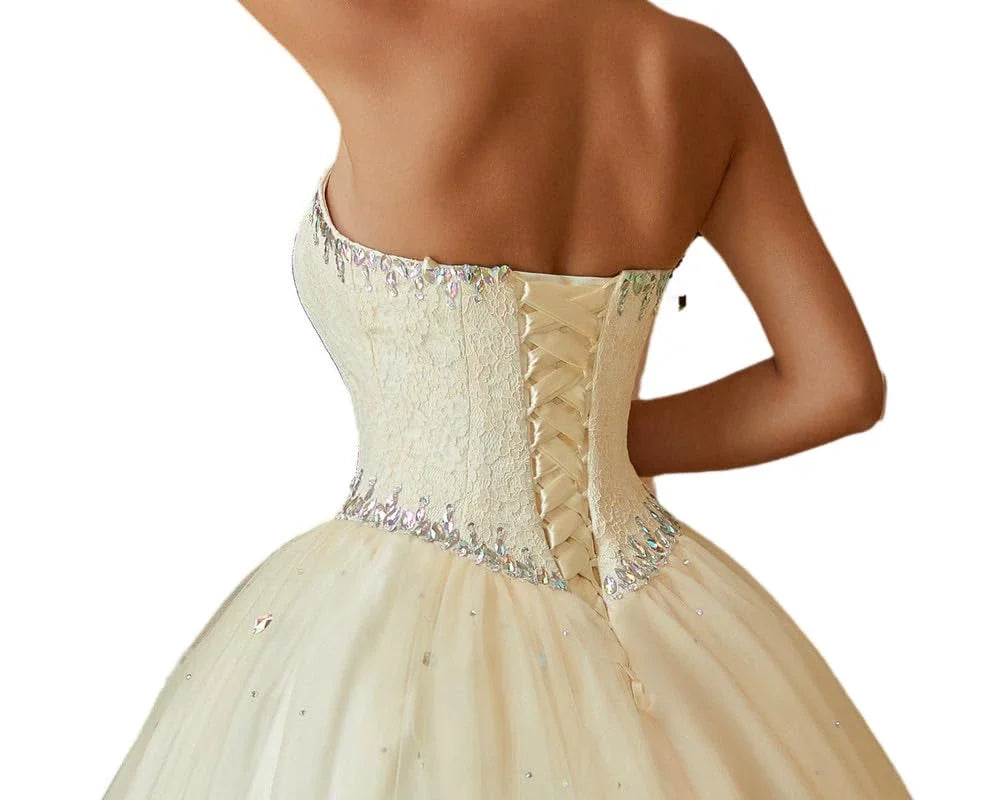 Elegant Strapless Sweetheart Neck Lace Up Rhinestone Tulle Ball Prom Dresses