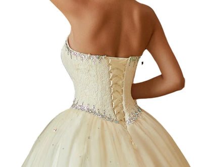 Elegant Strapless Sweetheart Neck Lace Up Rhinestone Tulle Ball Prom Dresses