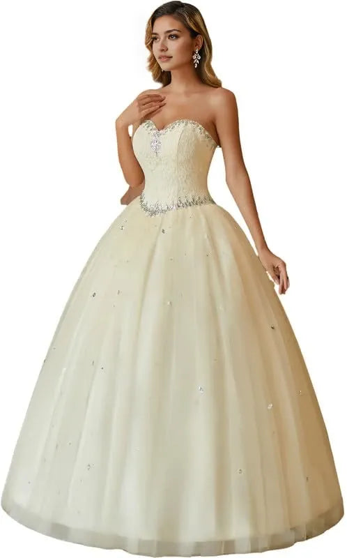 Elegant Strapless Sweetheart Neck Lace Up Rhinestone Tulle Ball Prom Dresses