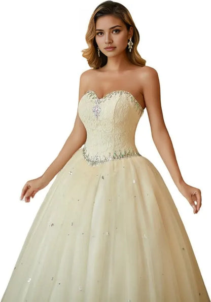 Elegant Strapless Sweetheart Neck Lace Up Rhinestone Tulle Ball Prom Dresses