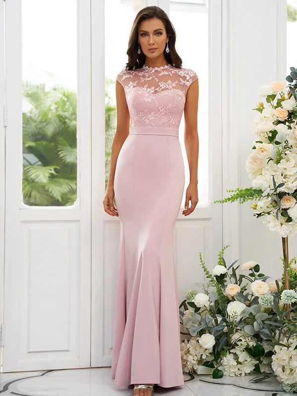 Elegant stretch crepe high neck bridesmaid dress with applique details, front view.