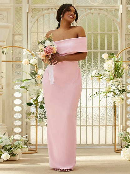 Elegant stretch crepe one-shoulder ruched floor-length bridesmaid dress.