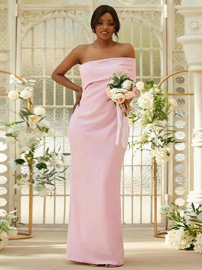 Back view of the floor-length stretch crepe bridesmaid gown.
